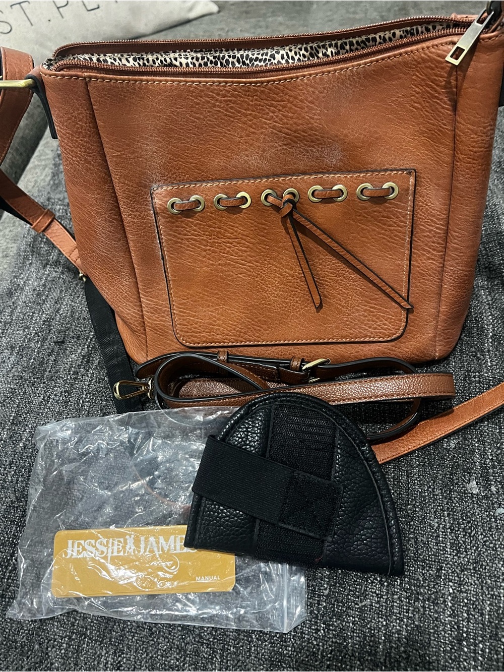 Women's Tan Leather Shoulder Bag with Grommet Front Detail